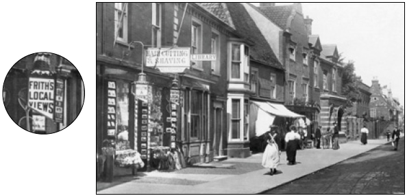A sign for ‘FRITH’S LOCAL VIEWS’ outside a shop in Southwold in 1896.