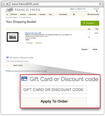 The Gift Card or Discount code box on the Shopping Basket Page.